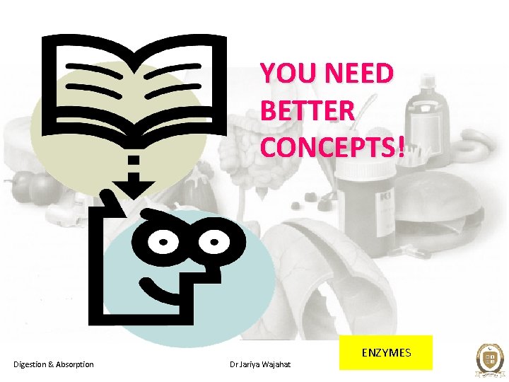 YOU NEED BETTER CONCEPTS! Digestion & Absorption Dr Jariya Wajahat ENZYMES 