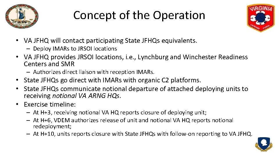Concept of the Operation • VA JFHQ will contact participating State JFHQs equivalents. –