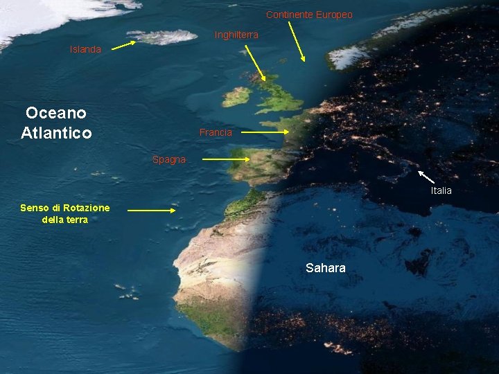 Continente Europeo Inghilterra Islanda Oceano Atlantico Francia Spagna Italia Senso di Rotazione della terra