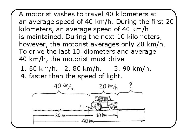 A motorist wishes to travel 40 kilometers at an average speed of 40 km/h.