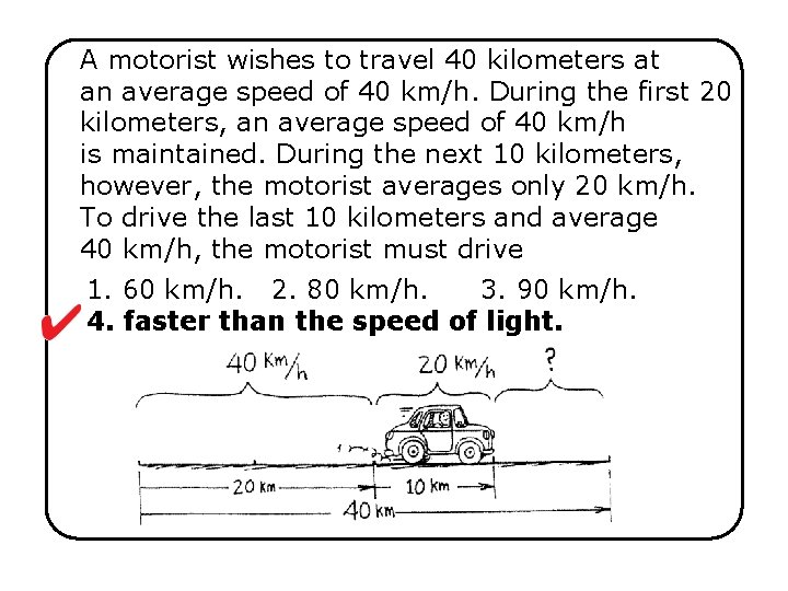 A motorist wishes to travel 40 kilometers at an average speed of 40 km/h.