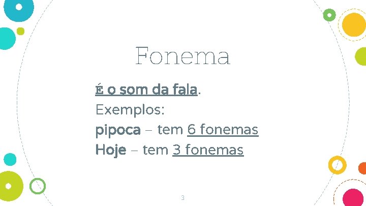 Fonema É o som da fala. Exemplos: pipoca – tem 6 fonemas Hoje –