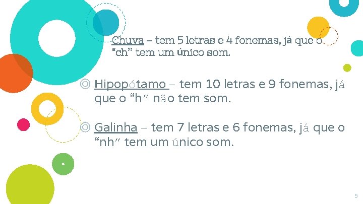 Chuva – tem 5 letras e 4 fonemas, já que o “ch” tem um
