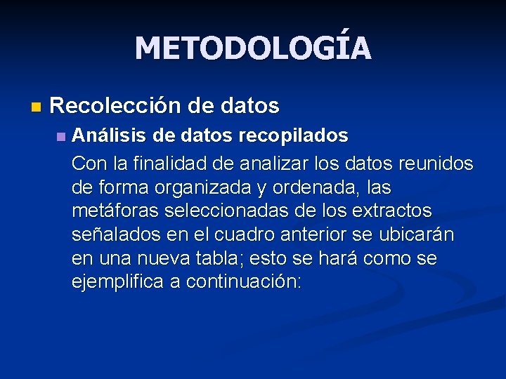 METODOLOGÍA n Recolección de datos n Análisis de datos recopilados Con la finalidad de