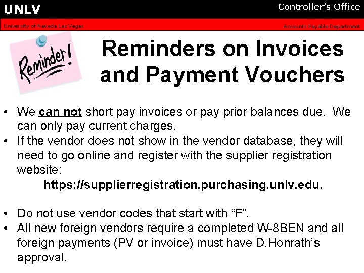 UNLV University of Nevada Las Vegas Controller’s Office Accounts Payable Department Reminders on Invoices