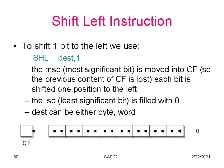 Shift Left Instruction • To shift 1 bit to the left we use: SHL