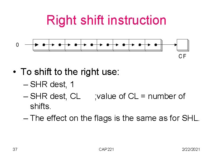 Right shift instruction • To shift to the right use: – SHR dest, 1