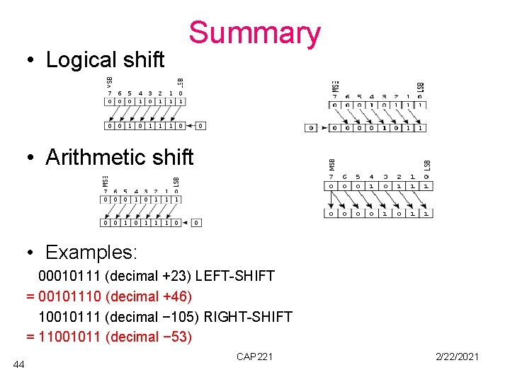  • Logical shift Summary • Arithmetic shift • Examples: 00010111 (decimal +23) LEFT-SHIFT