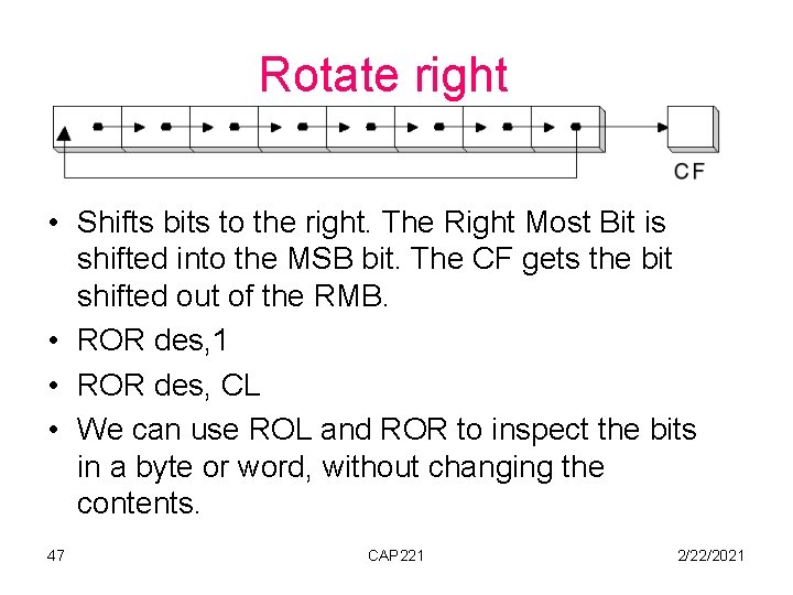 Rotate right • Shifts bits to the right. The Right Most Bit is shifted