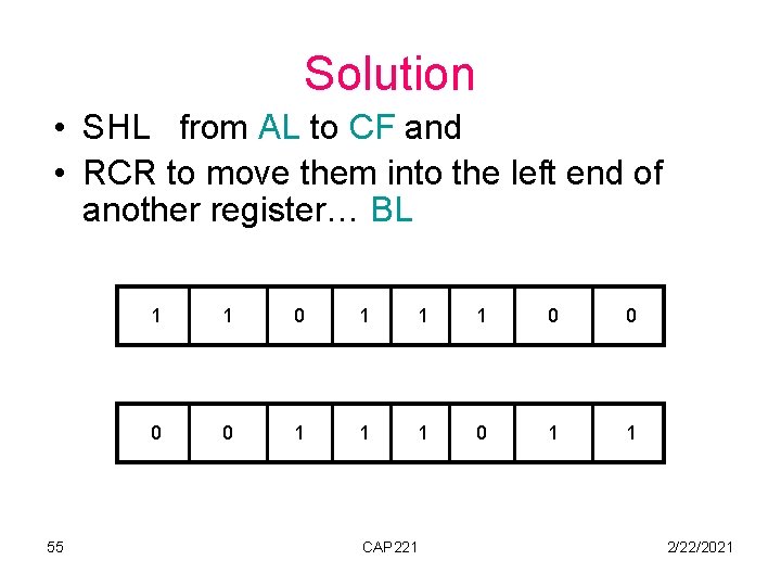 Solution • SHL from AL to CF and • RCR to move them into