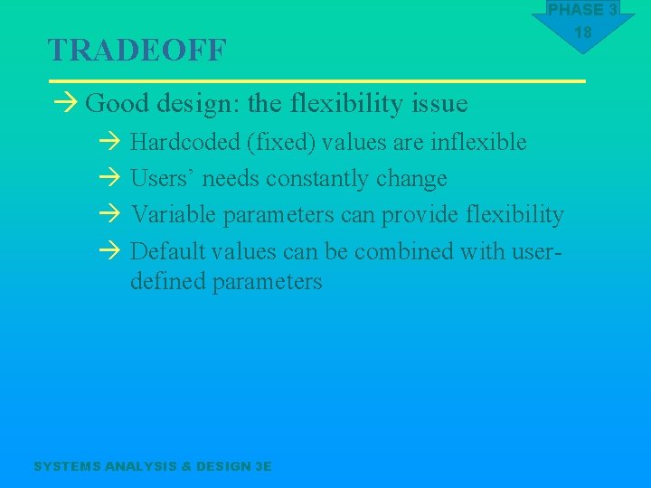 TRADEOFF PHASE 3 18 à Good design: the flexibility issue à Hardcoded (fixed) values