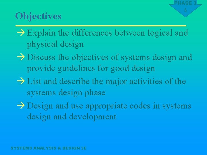 Objectives PHASE 3 5 à Explain the differences between logical and physical design à