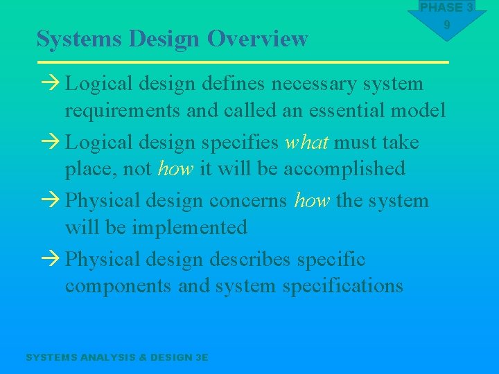 Systems Design Overview PHASE 3 9 à Logical design defines necessary system requirements and
