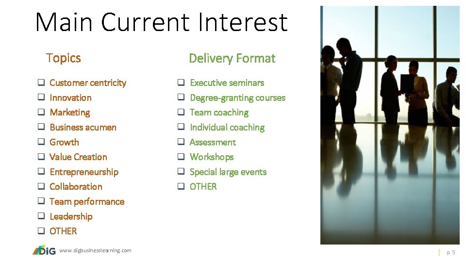 Main Current Interest Topics q q q Customer centricity Innovation Marketing Business acumen Growth