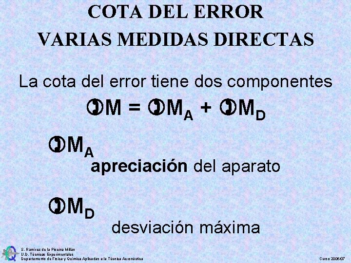 COTA DEL ERROR VARIAS MEDIDAS DIRECTAS La cota del error tiene dos componentes M