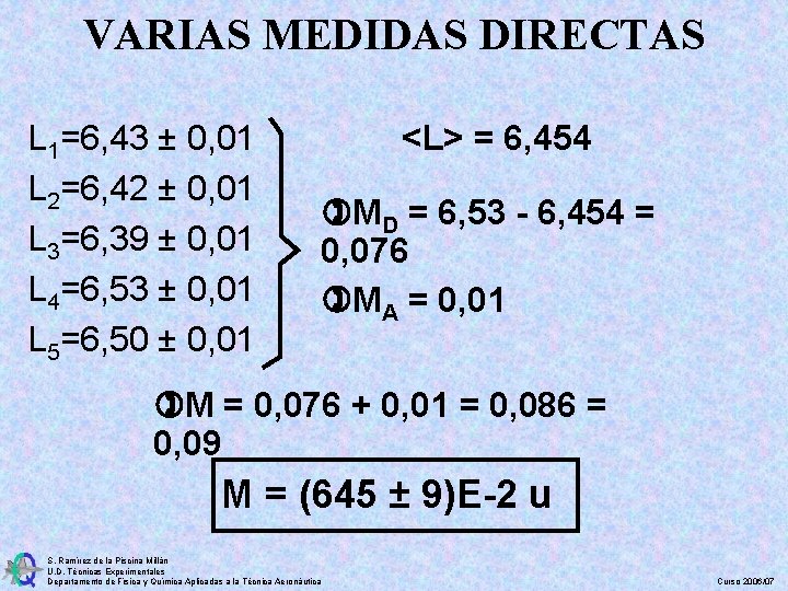 VARIAS MEDIDAS DIRECTAS L 1=6, 43 ± 0, 01 L 2=6, 42 ± 0,