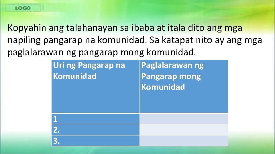 Kopyahin ang talahanayan sa ibaba at itala dito ang mga napiling pangarap na komunidad.