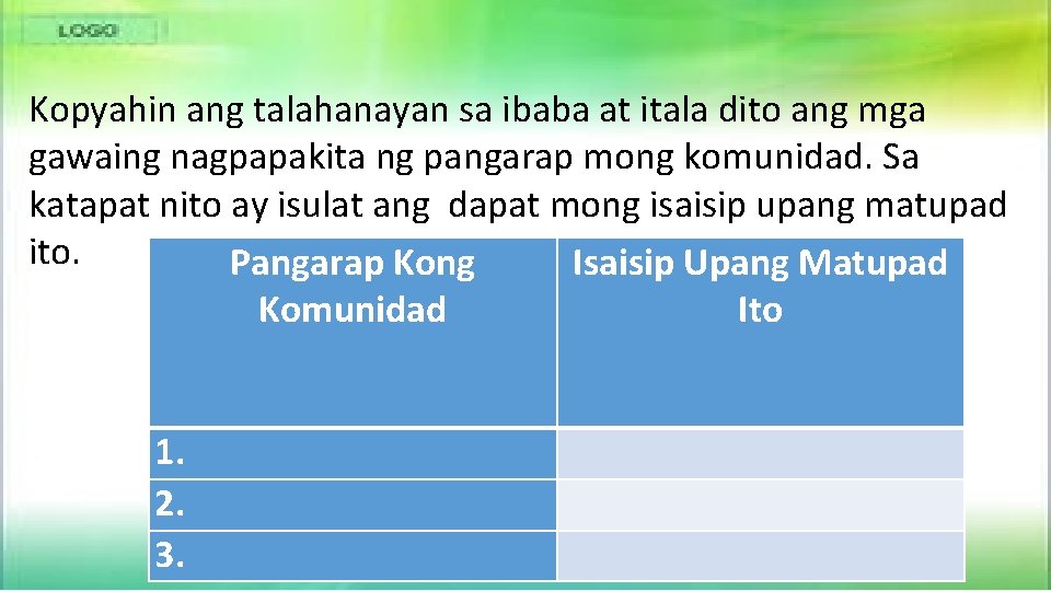 Kopyahin ang talahanayan sa ibaba at itala dito ang mga gawaing nagpapakita ng pangarap