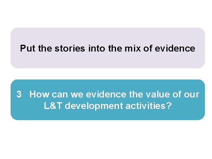 Put the stories into the mix of evidence 3 How can we evidence the