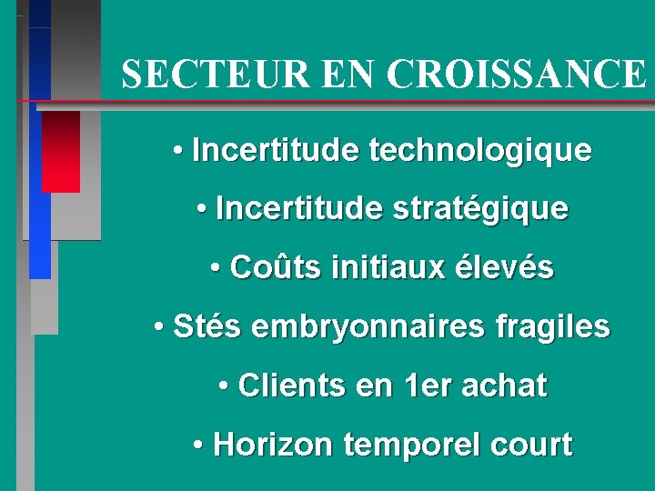 SECTEUR EN CROISSANCE • Incertitude technologique • Incertitude stratégique • Coûts initiaux élevés •