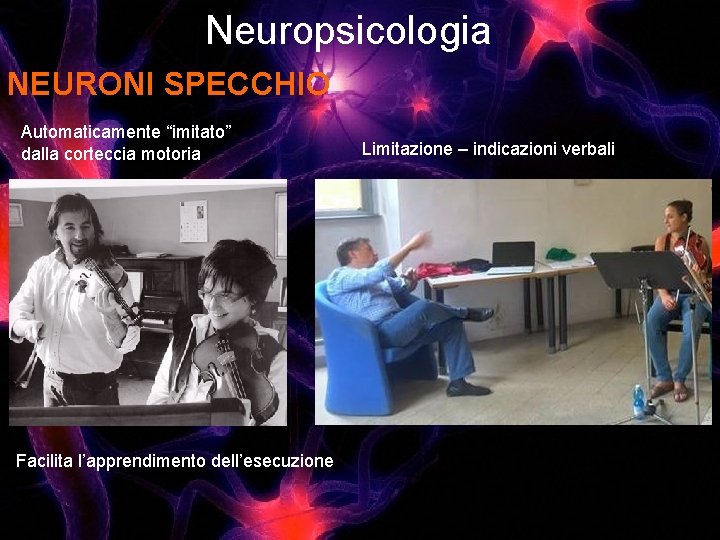 Neuropsicologia NEURONI SPECCHIO Automaticamente “imitato” dalla corteccia motoria Facilita l’apprendimento dell’esecuzione Limitazione – indicazioni