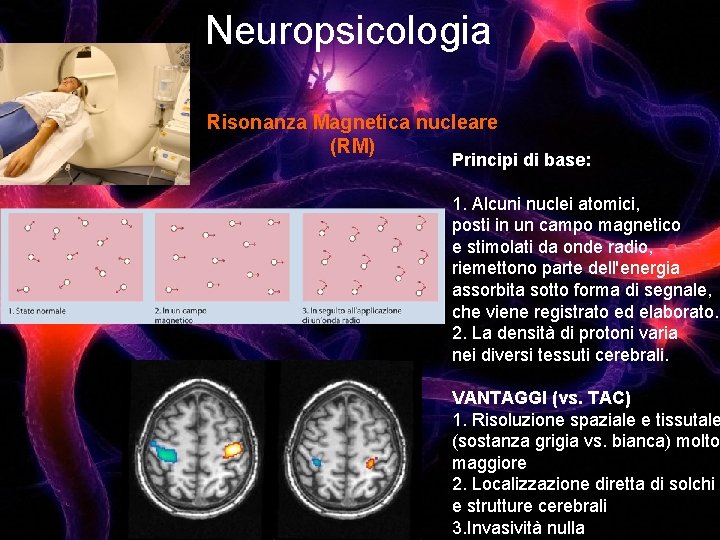 Neuropsicologia Risonanza Magnetica nucleare (RM) Principi di base: 1. Alcuni nuclei atomici, posti in