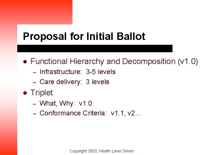 Proposal for Initial Ballot l Functional Hierarchy and Decomposition (v 1. 0) – –