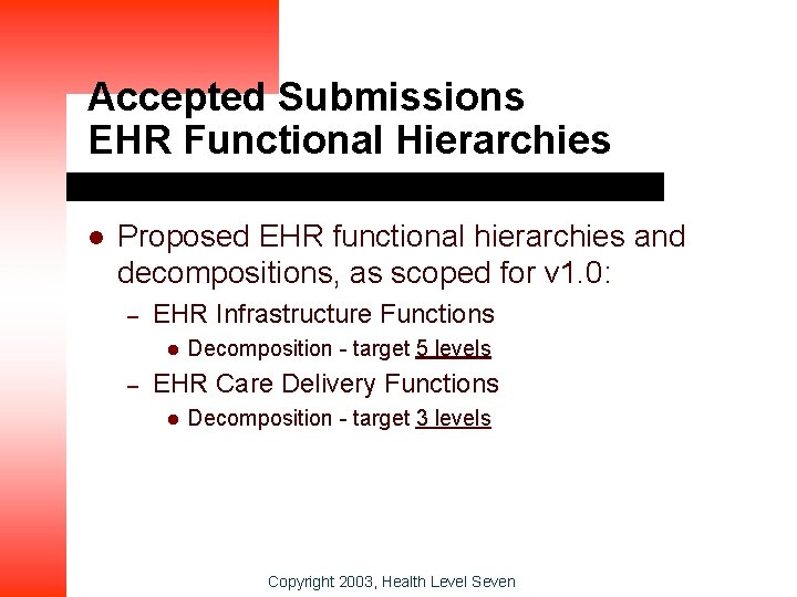 Accepted Submissions EHR Functional Hierarchies l Proposed EHR functional hierarchies and decompositions, as scoped