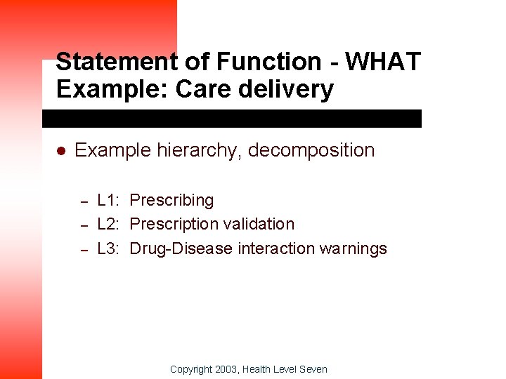 Statement of Function - WHAT Example: Care delivery l Example hierarchy, decomposition – –