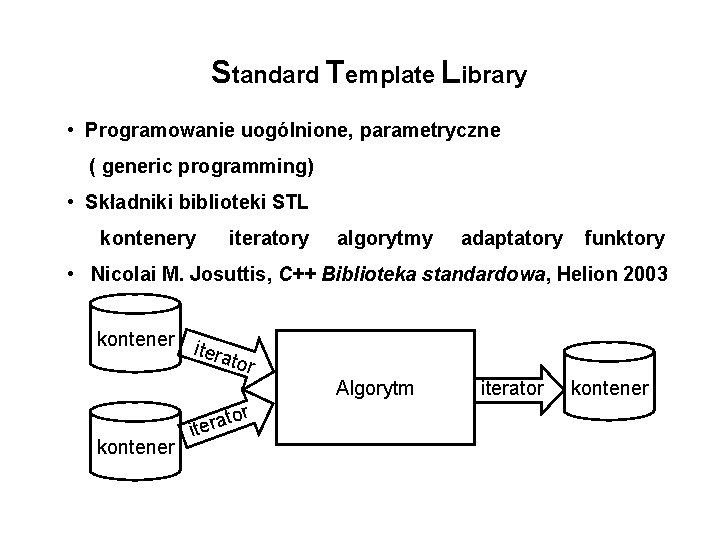 Standard Template Library • Programowanie uogólnione, parametryczne ( generic programming) • Składniki biblioteki STL