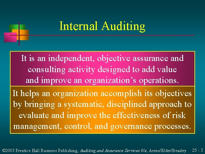 Internal Auditing It is an independent, objective assurance and consulting activity designed to add