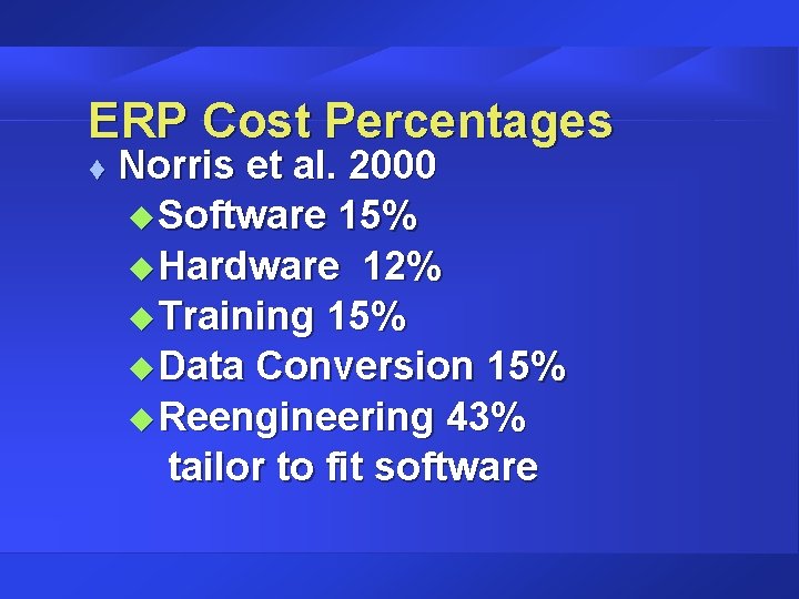 ERP Cost Percentages t Norris et al. 2000 u Software 15% u Hardware 12% ERP Cost Percentages t Norris et al. 2000 u Software 15% u Hardware 12%