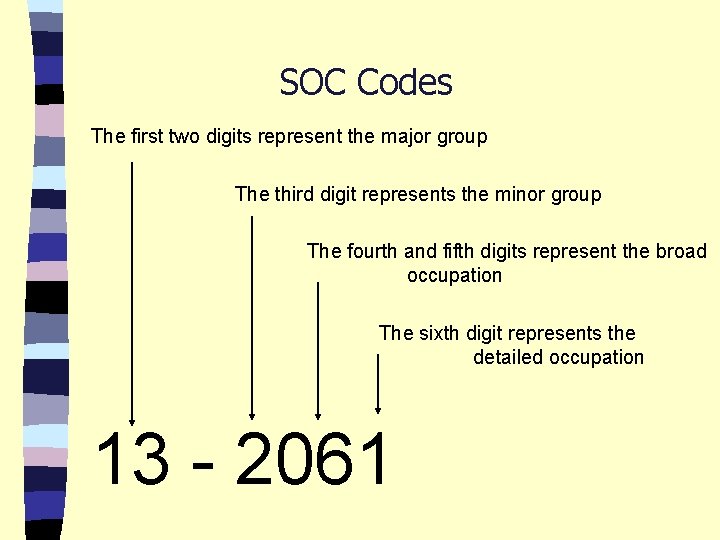 SOC Codes The first two digits represent the major group The third digit represents