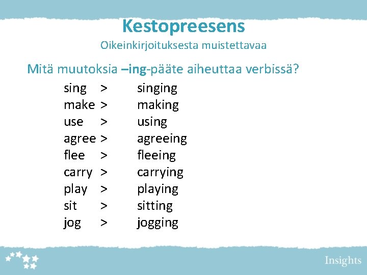 Kestopreesens Oikeinkirjoituksesta muistettavaa Mitä muutoksia –ing-pääte aiheuttaa verbissä? sing > singing make > making Kestopreesens Oikeinkirjoituksesta muistettavaa Mitä muutoksia –ing-pääte aiheuttaa verbissä? sing > singing make > making