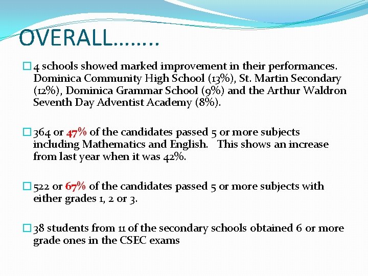 OVERALL……. . � 4 schools showed marked improvement in their performances. Dominica Community High