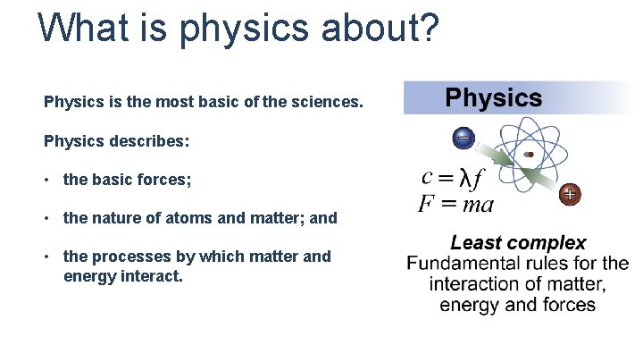 What is physics about? Physics is the most basic of the sciences. Physics describes: