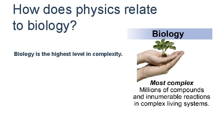 How does physics relate to biology? Biology is the highest level in complexity. 