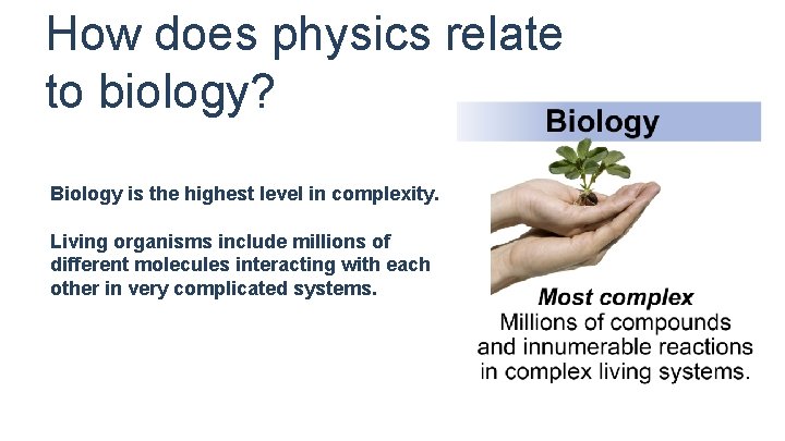 How does physics relate to biology? Biology is the highest level in complexity. Living