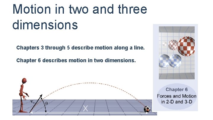 Motion in two and three dimensions Chapters 3 through 5 describe motion along a