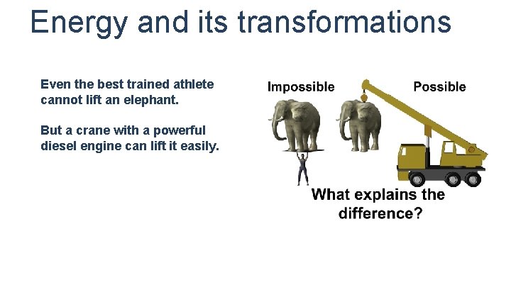 Energy and its transformations Even the best trained athlete cannot lift an elephant. But