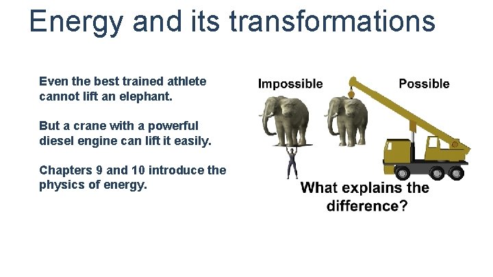 Energy and its transformations Even the best trained athlete cannot lift an elephant. But