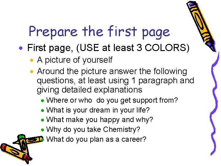 Prepare the first page · First page, (USE at least 3 COLORS) · A Prepare the first page · First page, (USE at least 3 COLORS) · A