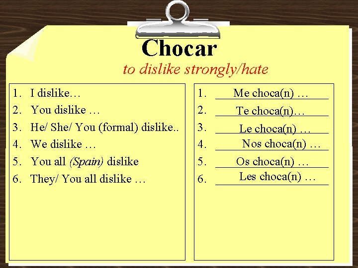 Chocar to dislike strongly/hate 1. 2. 3. 4. 5. 6. I dislike… You dislike