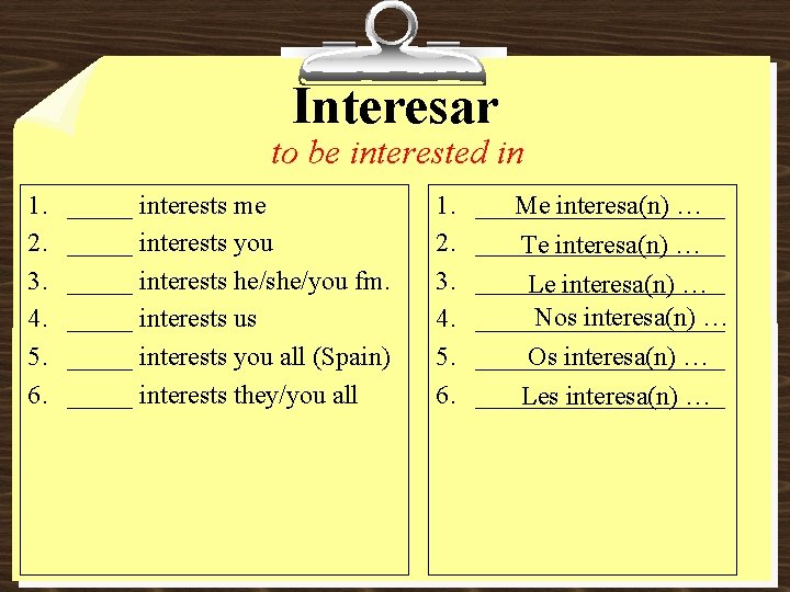 Interesar to be interested in 1. 2. 3. 4. 5. 6. _____ interests me