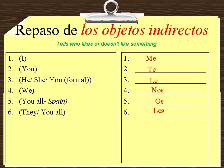 Repaso de los objetos indirectos Tells who likes or doesn’t like something 1. 2.