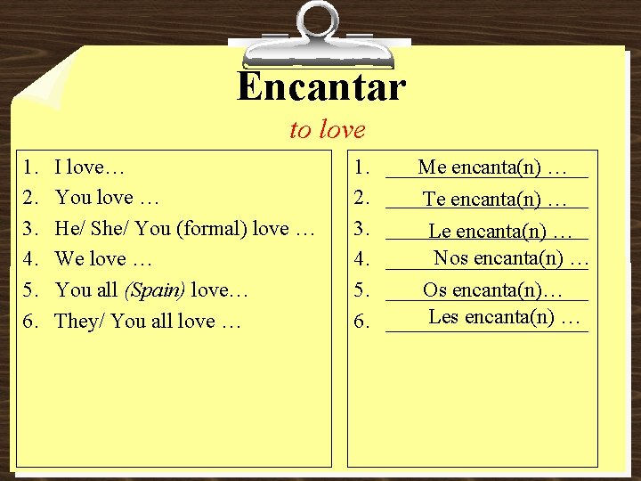 Encantar to love 1. 2. 3. 4. 5. 6. I love… You love …