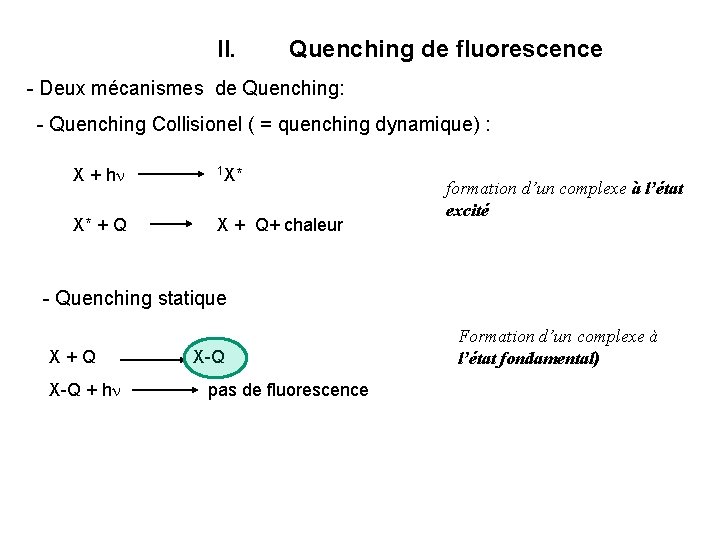 II. Quenching de fluorescence - Deux mécanismes de Quenching: - Quenching Collisionel ( =