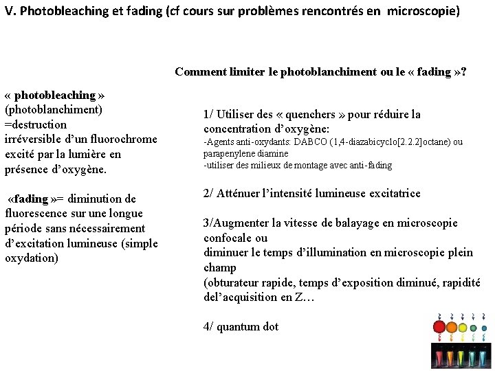 V. Photobleaching et fading (cf cours sur problèmes rencontrés en microscopie) Comment limiter le