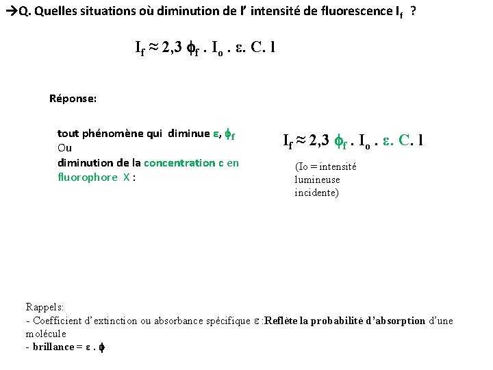  Q. Quelles situations où diminution de l’ intensité de fluorescence If ? If