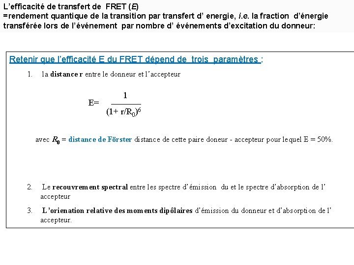 L’efficacité de transfert de FRET (E) =rendement quantique de la transition par transfert d’